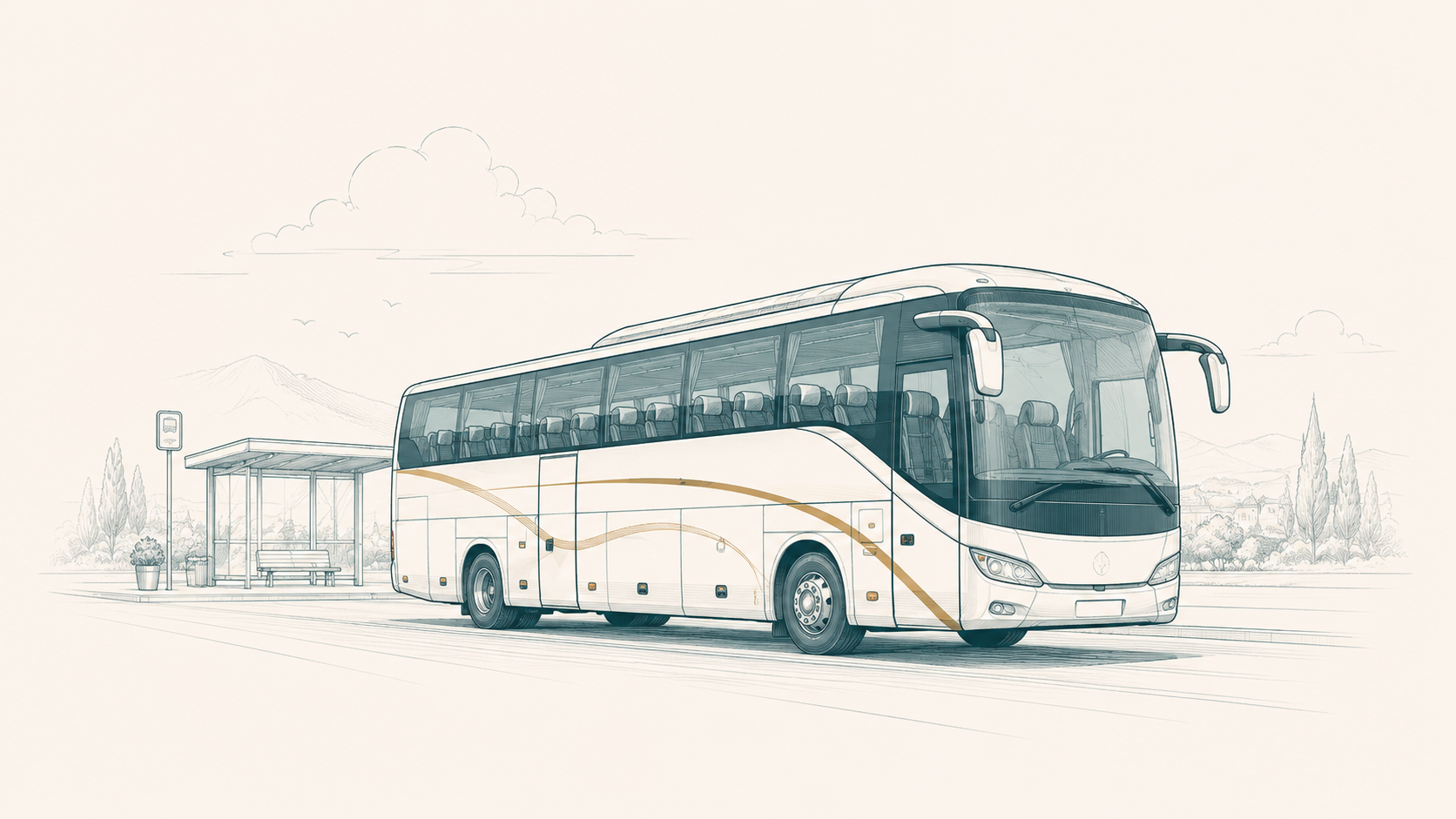 Modern long-distance coach at a bus stop